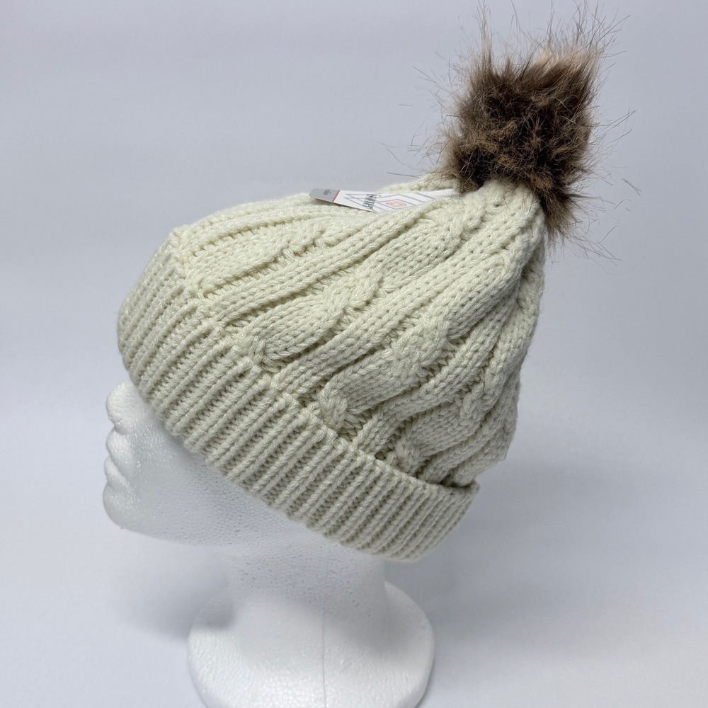 Isotoner Ivory Cable Knit Beanie Faux Fur Pom Pom Hat  Ivory One Size NEW